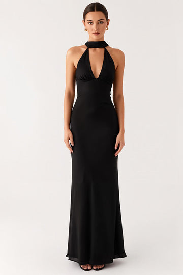 Sheath Halter Black Long Black Tie Dress